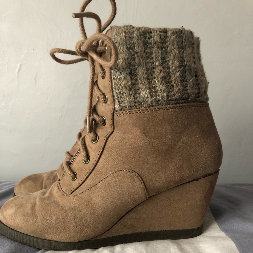 Wedges, tan, lace up, fabric top